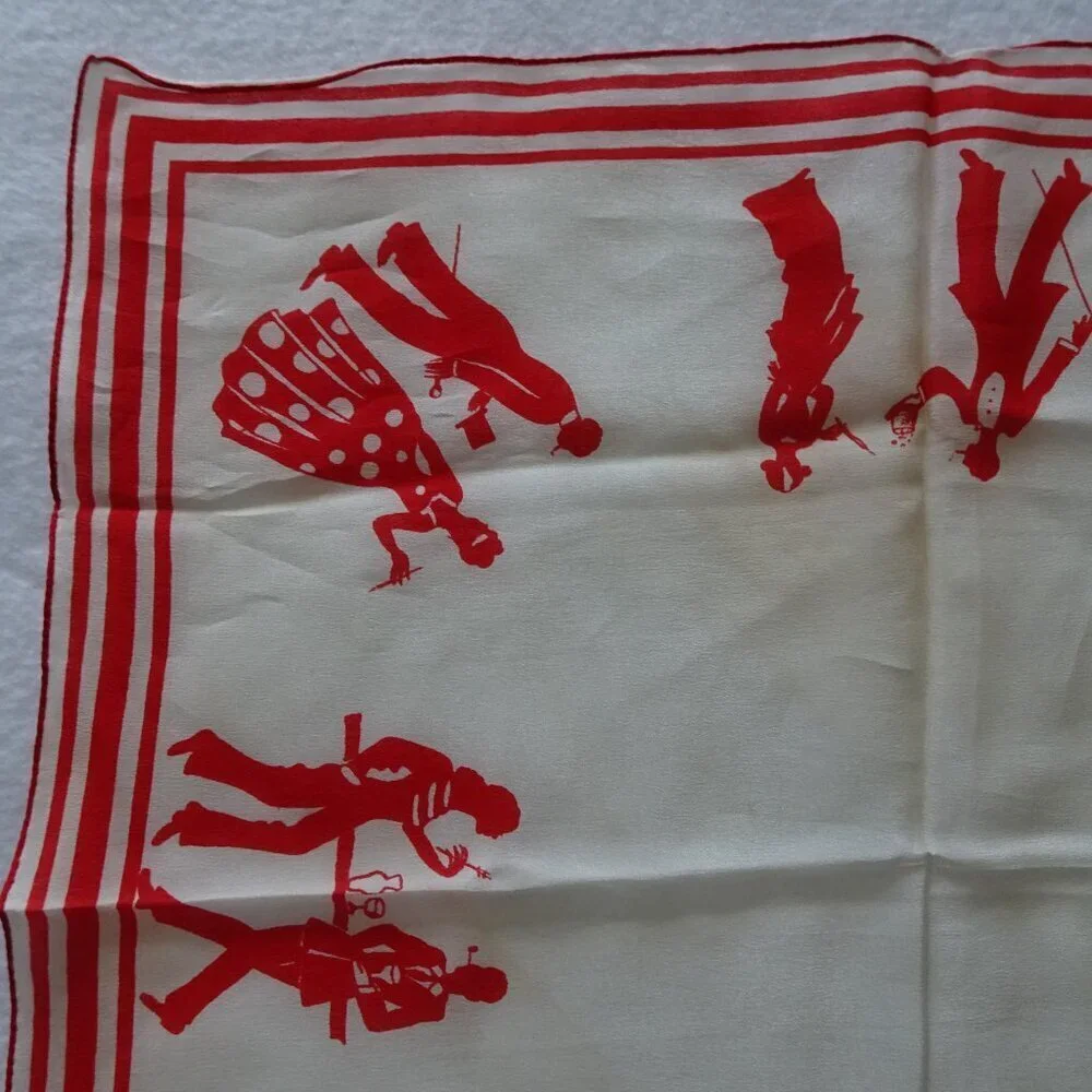 Vintage Silk Sally Gee Scarf 16 x 16 White Red Man & Woman Art Deco Theme